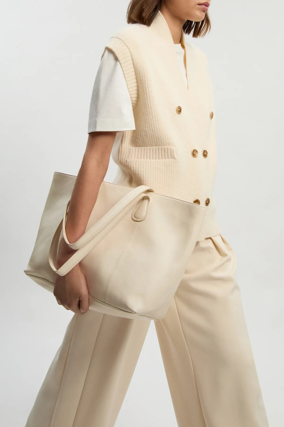 Cream Knit Button Detail Sleeveless Tank Top | Karen Millen USA | Karen Millen