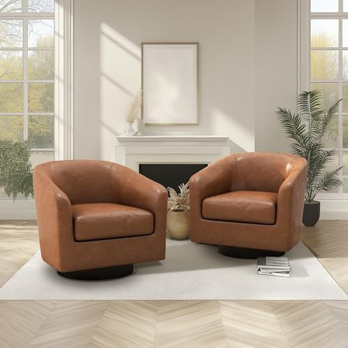 UIXE Swivel Accent Chairs Set of 2, PU Leather Barrel Club Chair Upholstered Armchair for Living Room, Round Arm Chair Bedroom Single Sofa Reading Seat - Brown | Amazon (US)