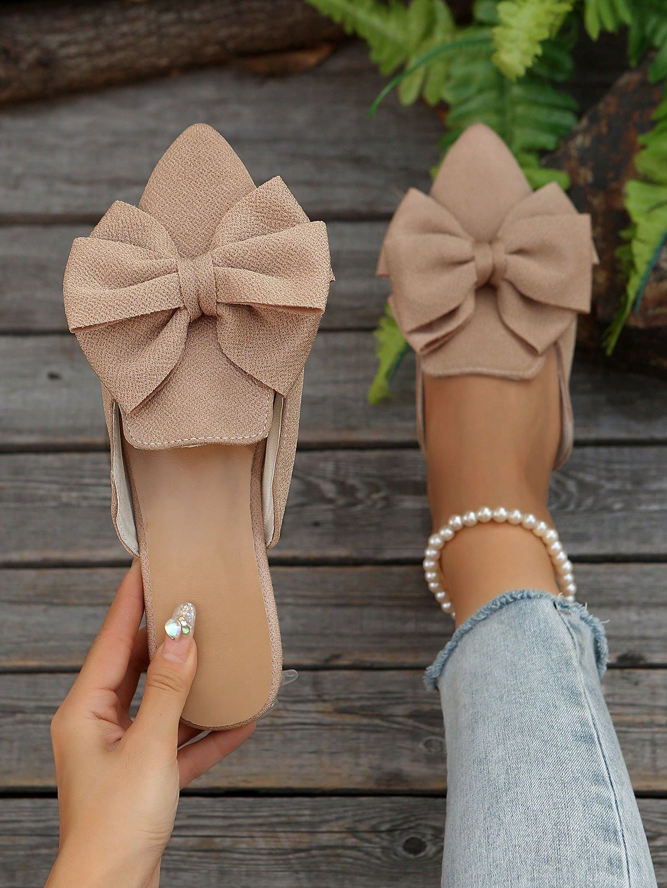 Women's Pointed Toe Bowknot Design Backless Mules, New Spring & Fall Elegant Casual Khaki Flat Sl... | SHEIN