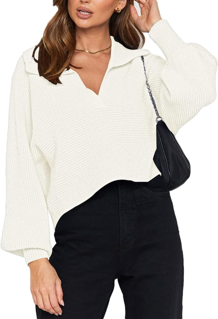 Meenew Women's Lantern Sleeve Crop Pullover Sweater V Neck Lapel Collar Crop Top | Amazon (US)