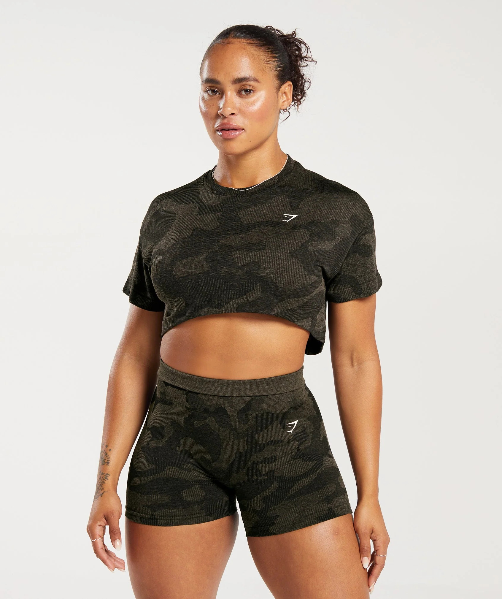 Gymshark Adapt Camo Seamless Ribbed Crop Top - Black/Camo Brown | Gymshark US