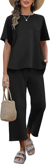 ANRABESS Women's 2 Piece Outfits 3/4 Batwing Sleeve Top Wide Leg Crop Pants Sets 2025 Summer Beac... | Amazon (US)