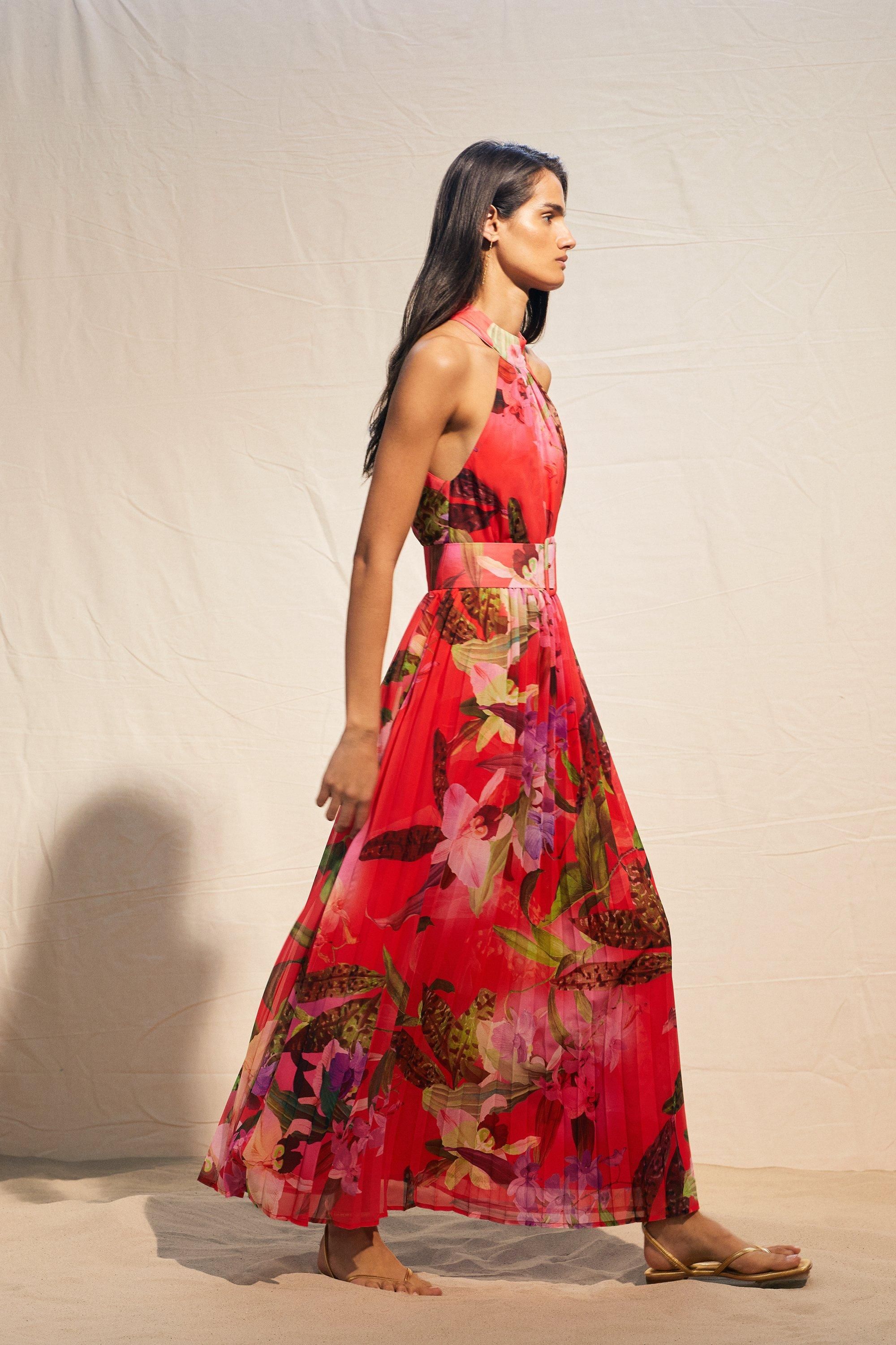 Red Floral Georgette Belted Pleated Midi Dress | Karen Millen UK + IE + DE + NL