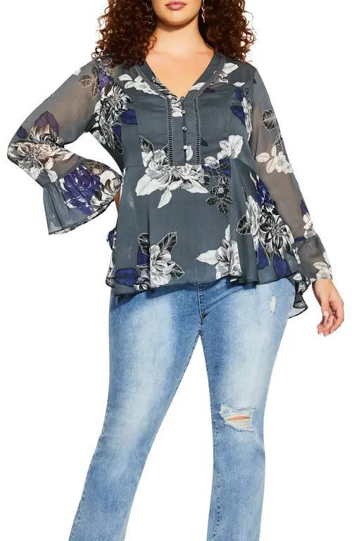 City Chic Epic Floral Bell Sleeve Peplum Blouse in Slate Epic Floral at Nordstrom, Size Xx-Large | Nordstrom