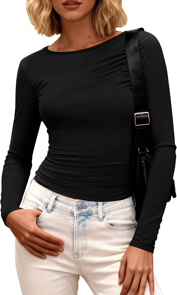 BTFBM Womens Tops 2025 Fall Clothes Long Sleeve T Shirts Boat Neck Ruched Slim Fit Casual Stretch... | Amazon (US)
