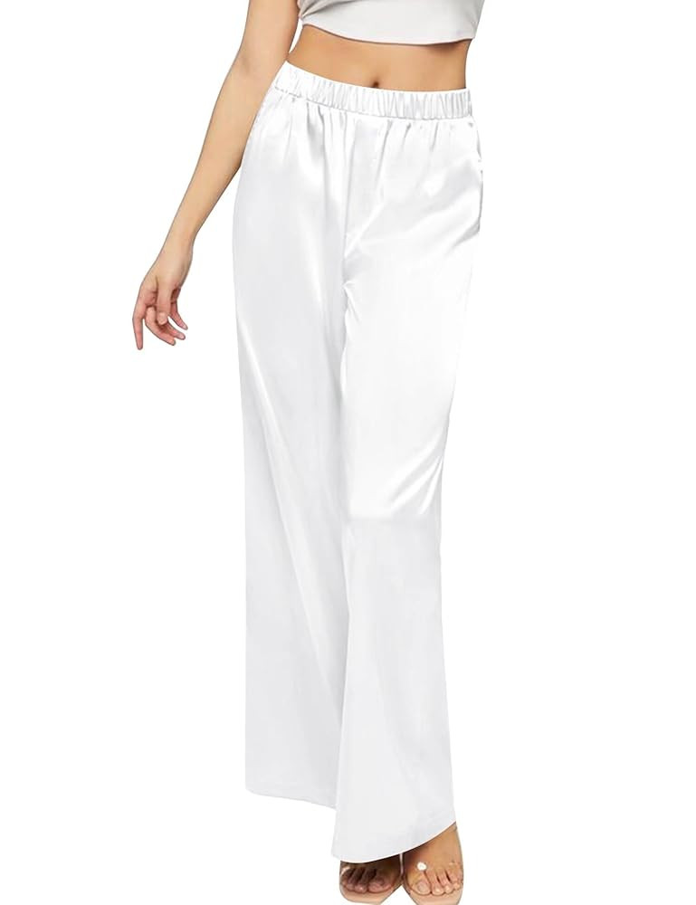 SWOMOG Women's Silk Satin Pajama Pants Longs Silky Sleep Pants Loungewear Trousers Elastic Waist ... | Amazon (US)