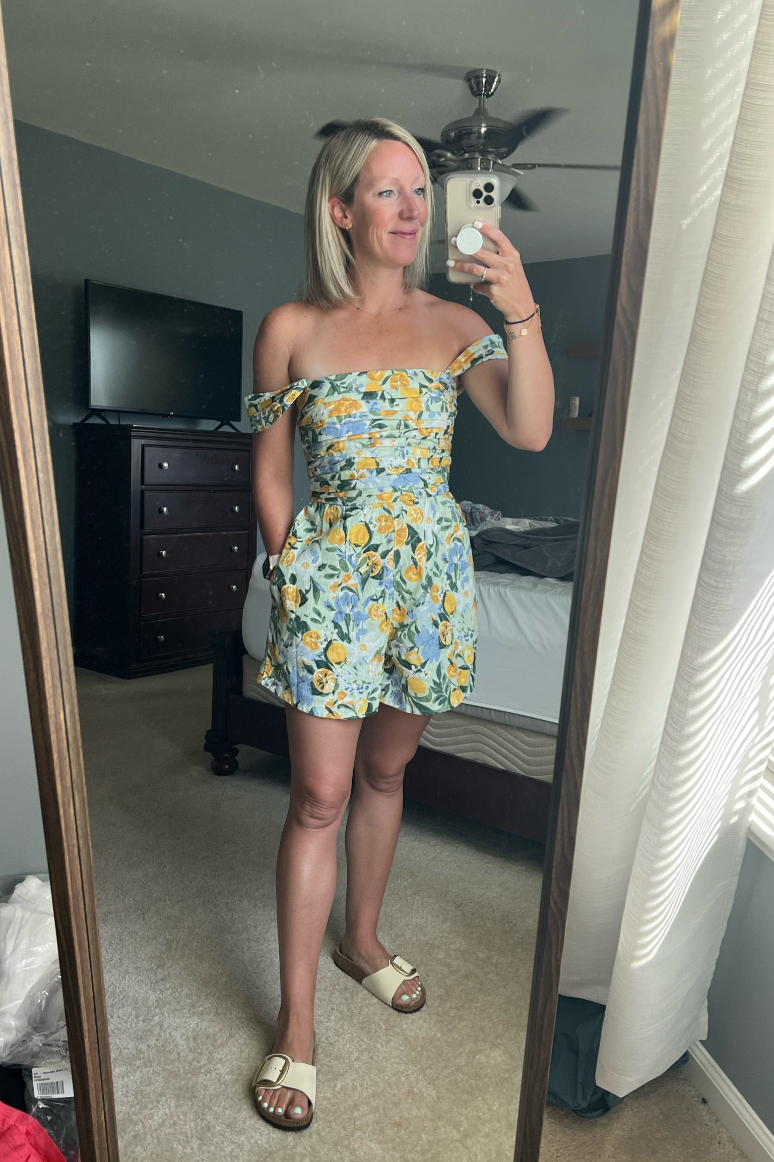 Love this lemon off-the-shoulder romper - wearing a size small! Also these one buckle strap sandals are so cute with the gold 😍

#LTKSeasonal