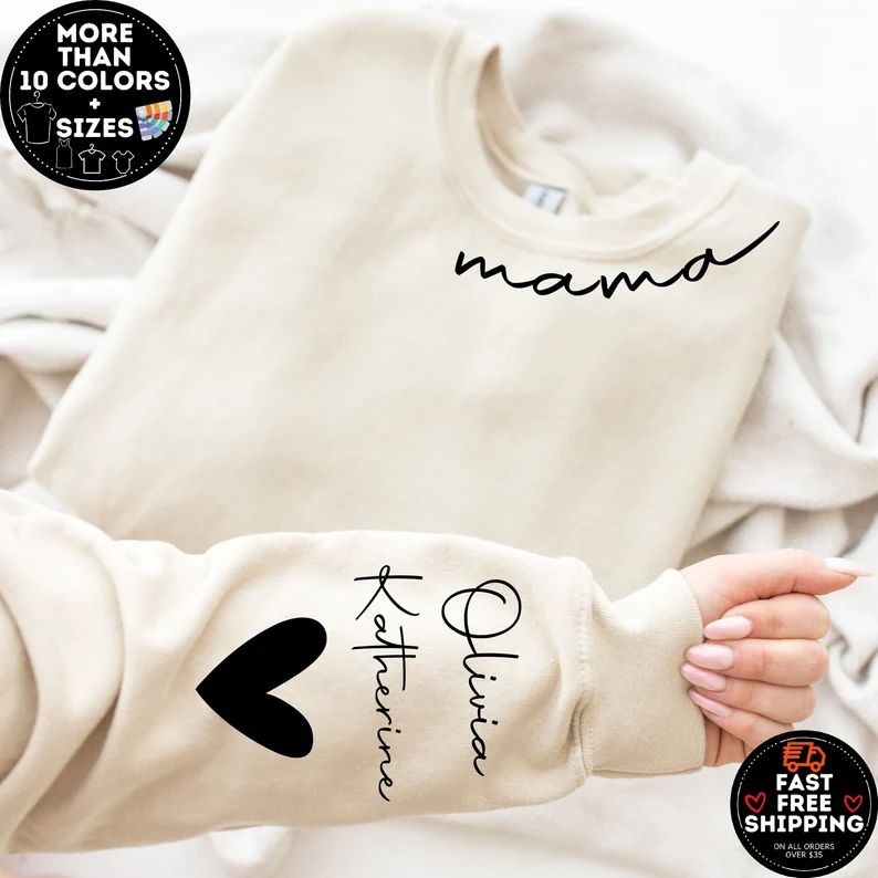Custom Mama Sweatshirt with Kid Name on Sleeve, Minimalist Momma Sweater, Personalized Mom Sweats... | Etsy (US)