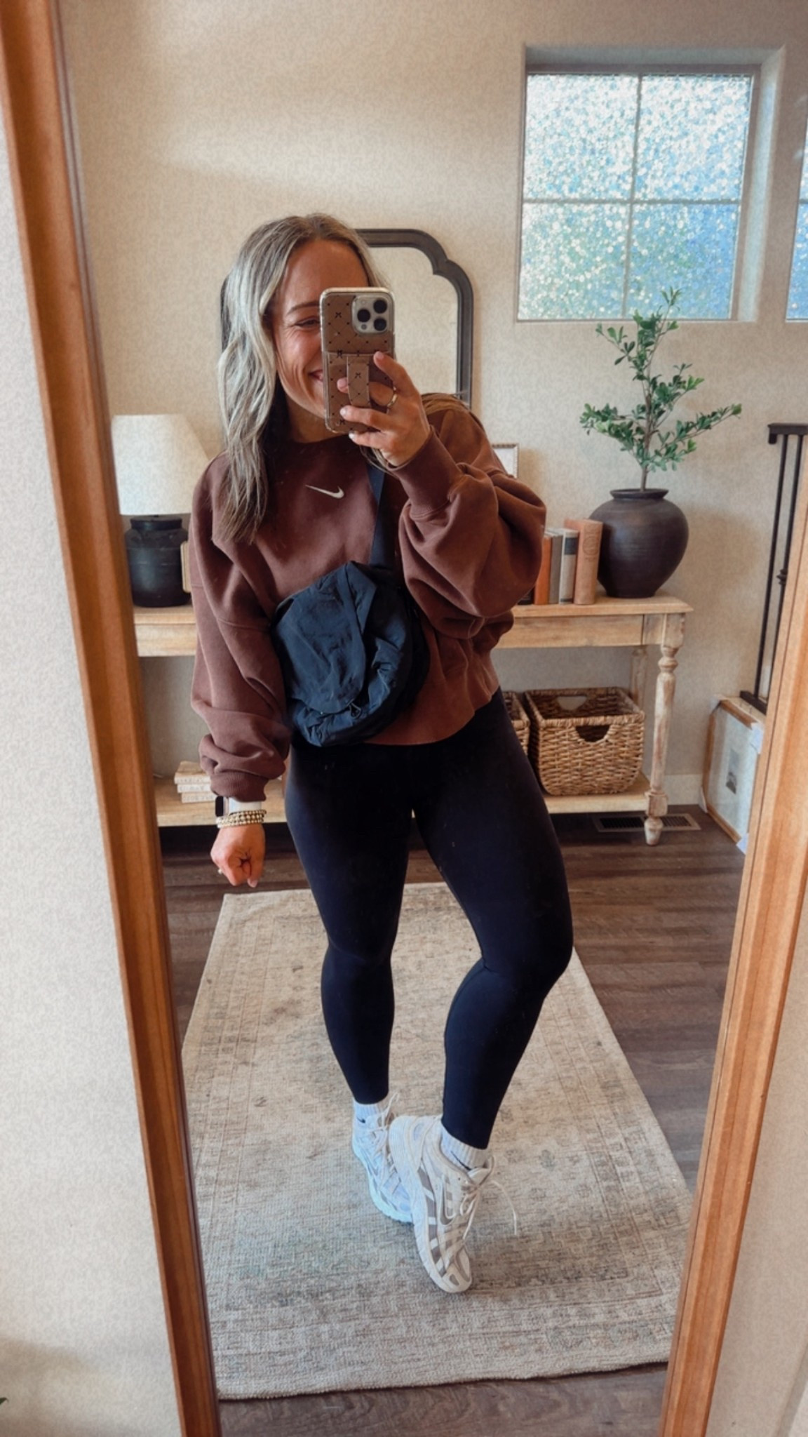 Sweatshirt- TTS wearing M
Leggings- TTS wearing S
Nike - I’m a 7.5 wearing a 6 in girls. 
6(girls) = 7.5-8 in Women’s 
6.5= 8-8.5
7= 8.5-9