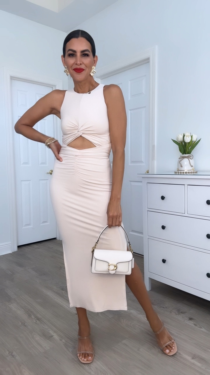 Amazon event dress under $40 when using the 10% off coupon. Wearing a size S, is lined and available in many more colors. Lipstick is feels so grand. 
Shoes are on sale and tts. 

 I am 5’7” | 126 pounds 

Date night dress, resort wear, event dress, summer dress. #LTKSummerSales 

#LTKSaleAlert #LTKVideo