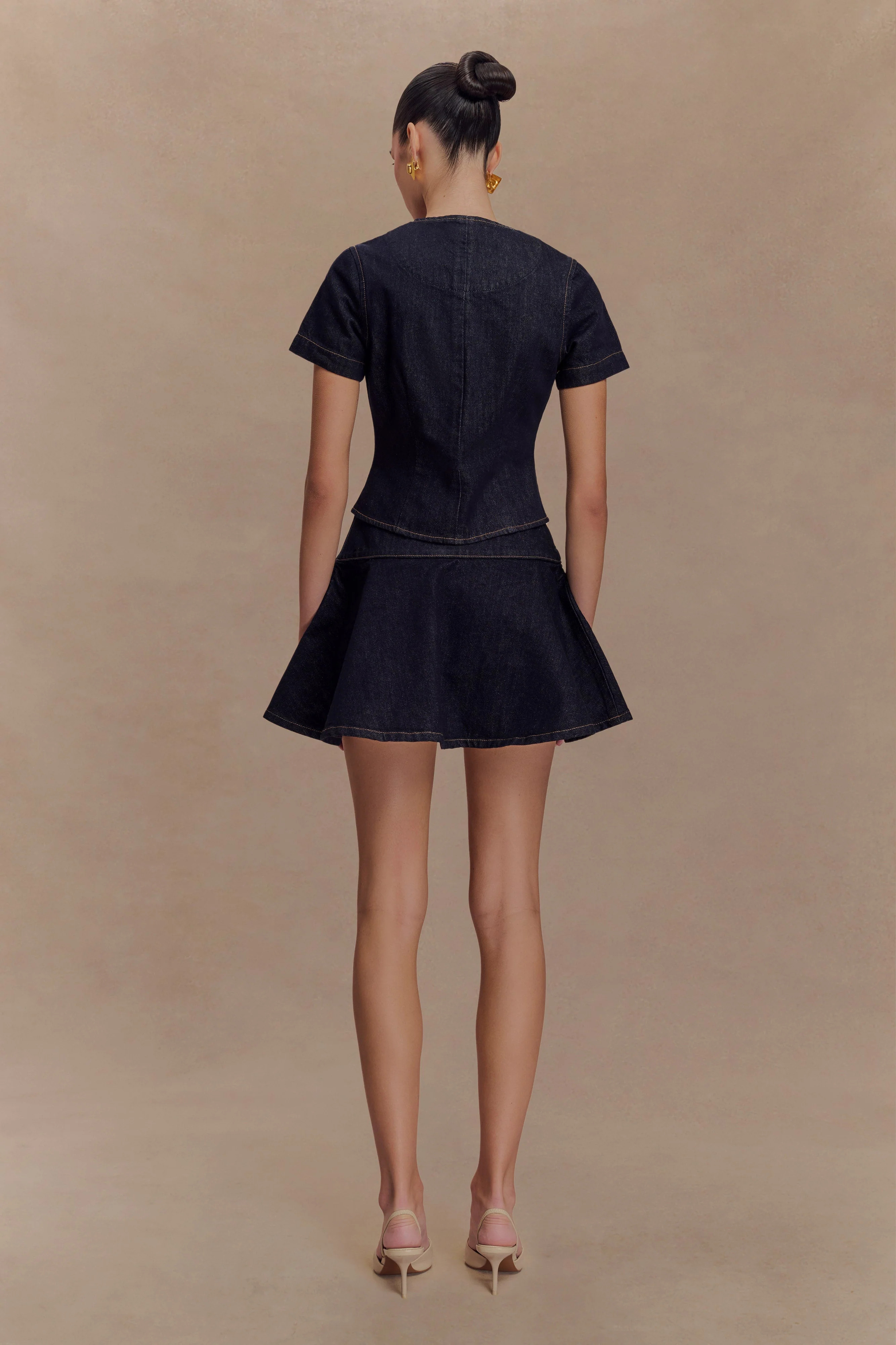 Short Sleeve Buttoned Denim Top - Washed Indigo Blue | MESHKI US