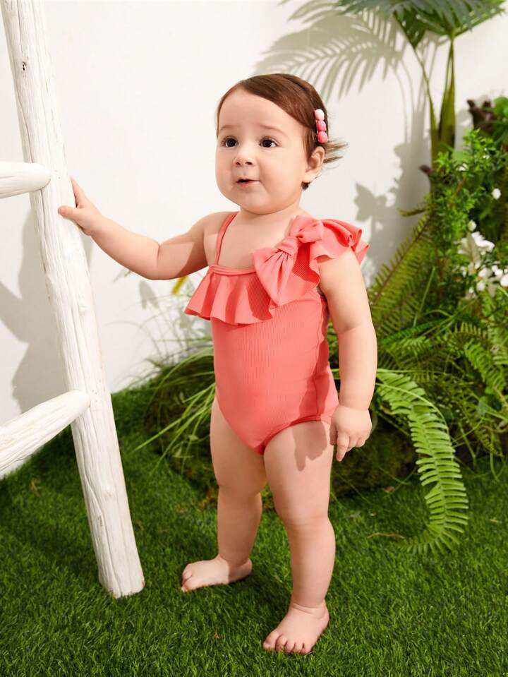 Baby Girl Ruffled Ribbed Swimsuit With Bow Decoration, Summer Beachwear | SHEIN