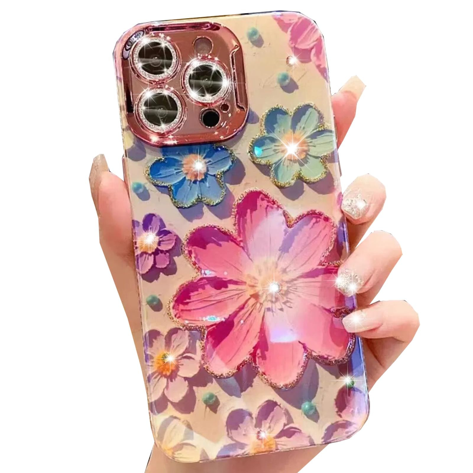 Floral Case for iPhone 16 Pro Max, Cute Colorful Retro Oil Painting Printed Flower with Glitter B... | Amazon (US)