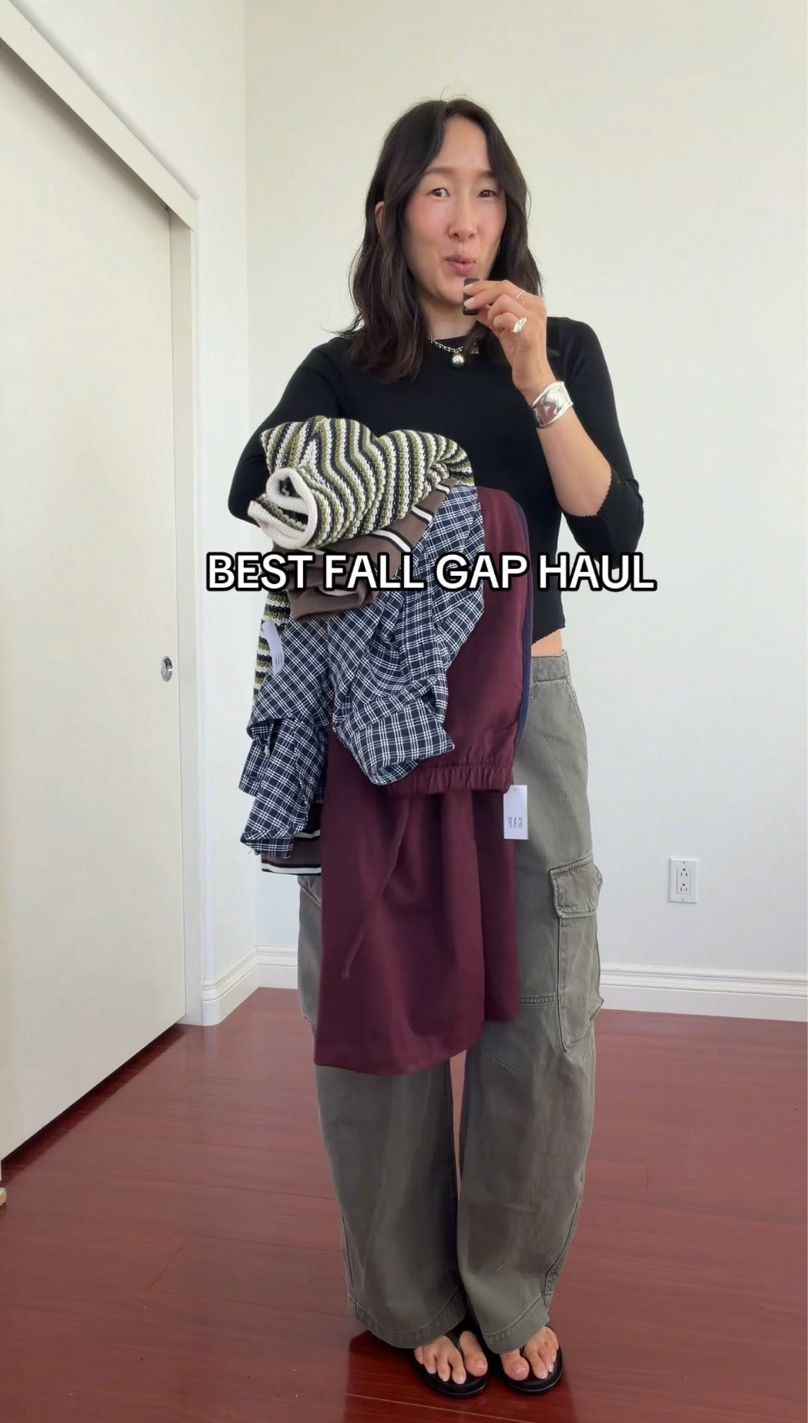 Gap fall haul - use “ADDON” for 10% off! I’m 5’2!  Xxs in black 3/4 sleeve top, xs regular in burgundy stripe sweats, xs in plaid button up, xs in roll neck sweater, xs regular in oversized long sleeves, 0 petite in green cargo pants, 0 in low rise culottes! Heels are in my shop my (peche).