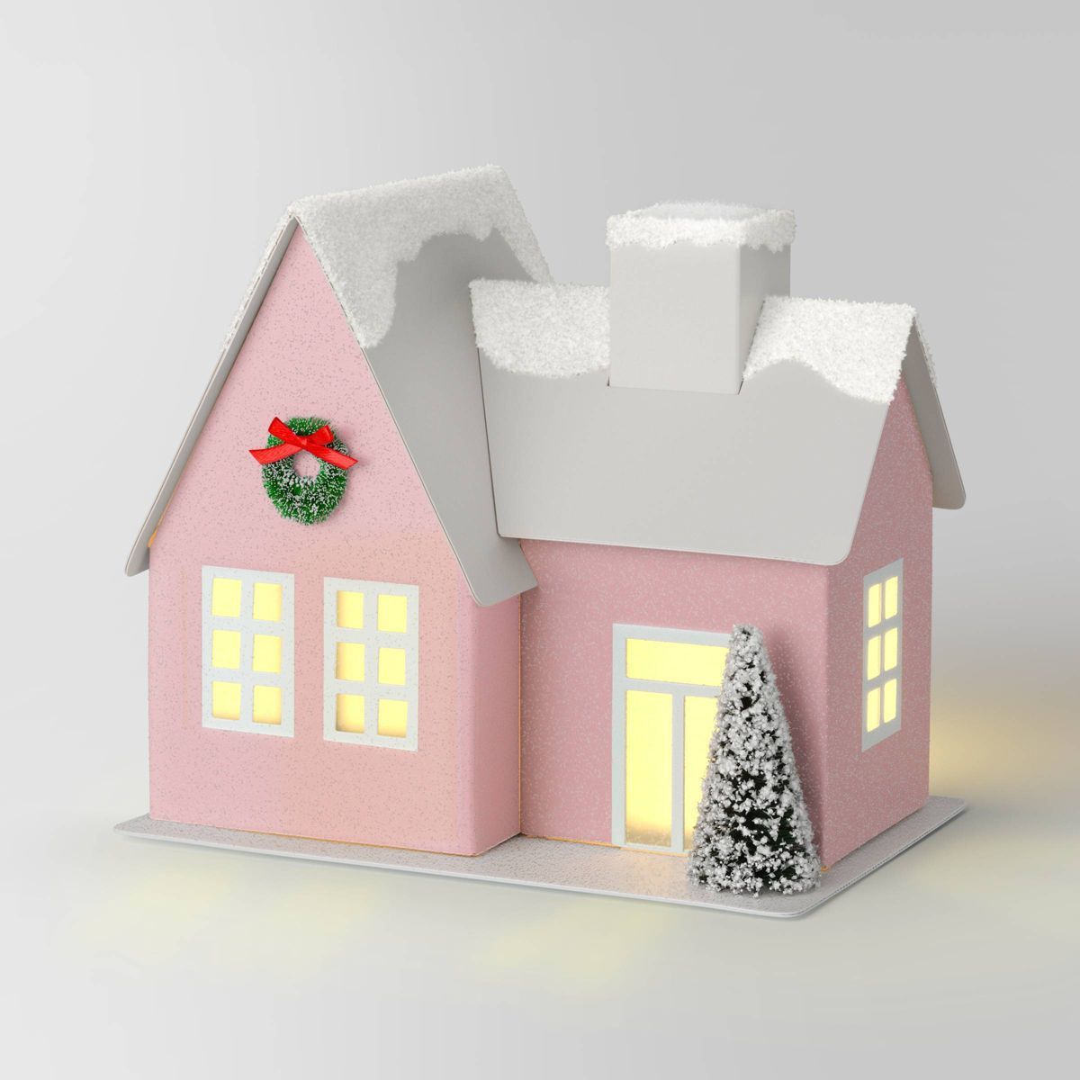 6.5" Battery Operated Lit Glittered Paper House Christmas Village Building - Wondershop™ Pink | Target