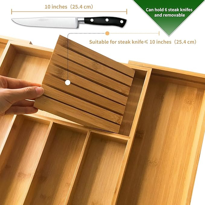 VaeFae Bamboo Silverware Drawer Organizer Kitchen, Expandable Utensil Organizer with Knife Block,... | Amazon (US)