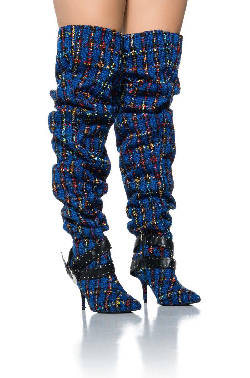 AZALEA WANG TAJA PLAID THIGH HIGH BOOT WITH BUCKLE DETAIL IN BLUE | AKIRA