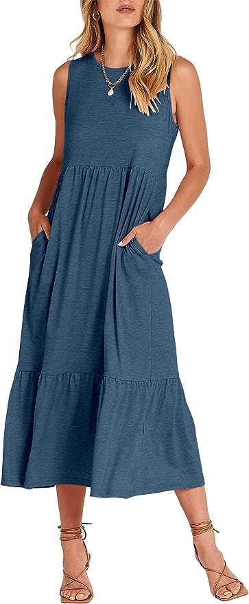 ANRABESS Women's Summer Casual Sleeveless Crewneck Swing Sundress Fit & Flare Flowy Tiered Maxi D... | Amazon (US)