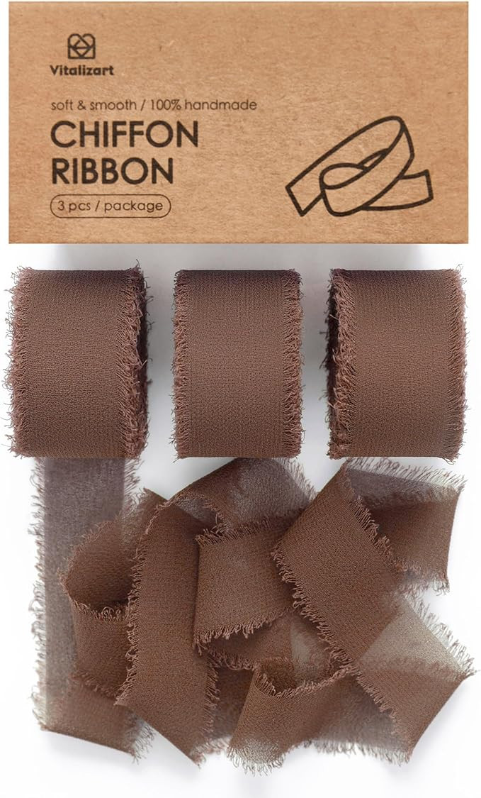 Vitalizart Brown Chiffon Silk Ribbon 1" x 21 Yd Fringe Fabric Package (3 Rolls * 7 Yd) for Weddin... | Amazon (US)