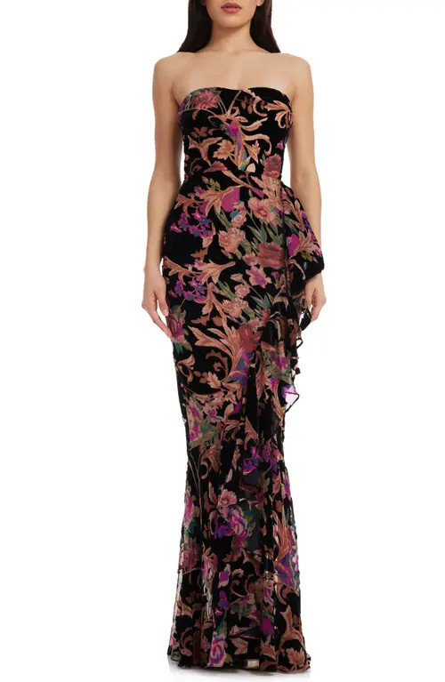 Dress the Population Paris Ruffle Strapless Gown in Black Multi at Nordstrom, Size Xx-Small | Nordstrom
