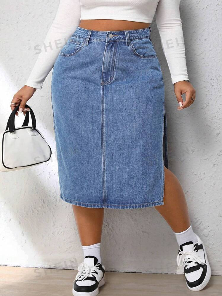 SHEIN CURVE+ Plus Size Summer Casual Side Slit Denim Mini Skirt | SHEIN