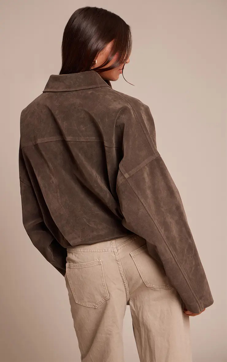 Khaki Faux Suede Covered Placket Bomber Jacket | PrettyLittleThing UK