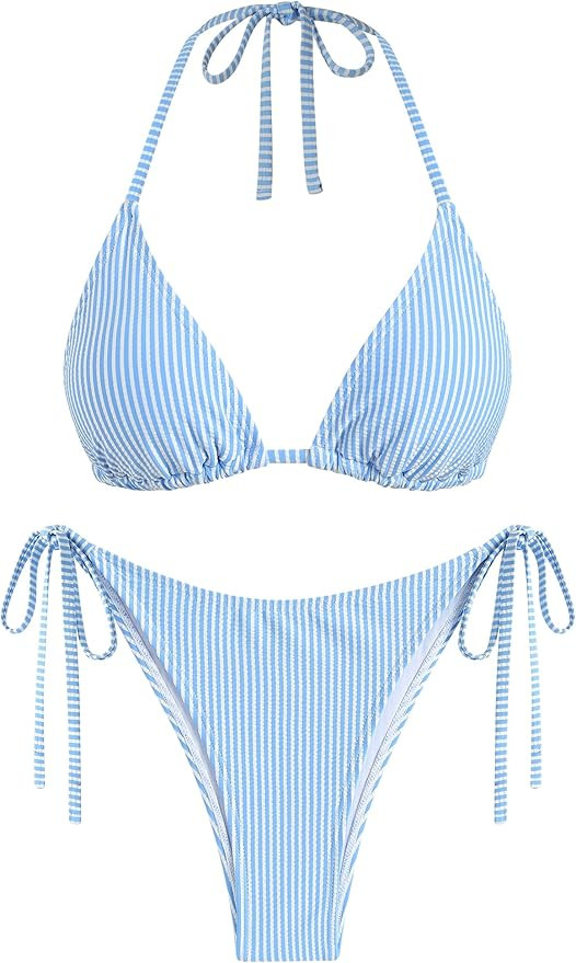 Amazon.com: ZAFUL Textured Halter Bikini for Women 2 Piece Triangle Bikini Sets Sexy High Cut Bat... | Amazon (US)