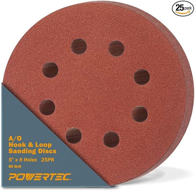 POWERTEC 45008 5 Inch 8 Hole Hook and Loop Sanding Discs, 80 Grit, 25 PK, Sandpaper for Random Or... | Amazon (US)