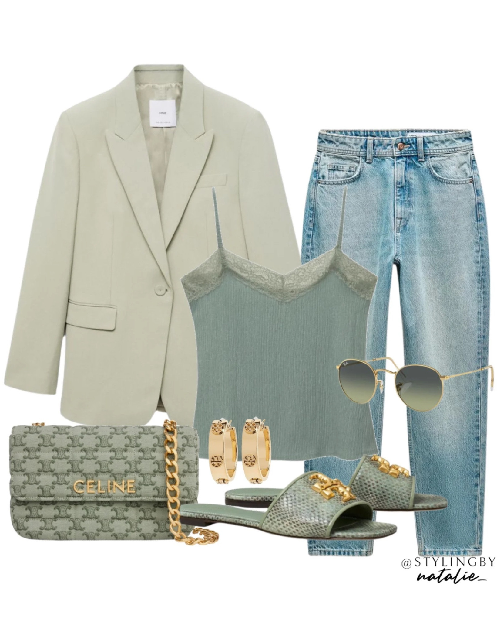 Green suit blazer, tapered denim jeans from Zara, lace trim vest top, gold hoop earrings, Ray Ban sunglasses, Tory Burch slide sandals, gold hoop earrings and celine handbag.  Summer outfit, classy look, smart casual.

#LTKsummer #LTKeurope #LTKstyletip