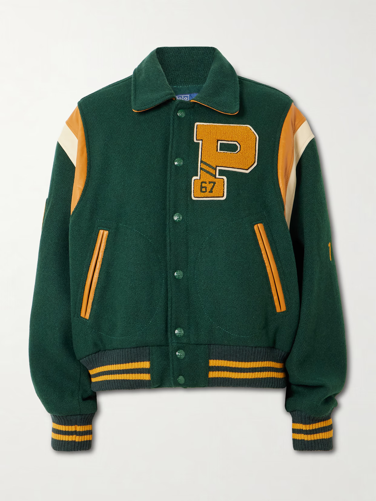 Polo Ralph Lauren - Appliquéd Striped Leather-trimmed Wool-blend Varsity Jacket - Green | NET-A-PORTER (US)