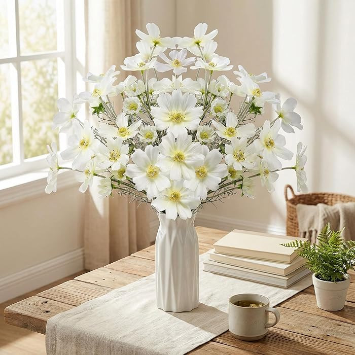 Thiccywoov 12 Pcs Spring White Cosmos Artificial Flower 23.6'' Realistic Touch Silk Fake Cosmos W... | Amazon (US)