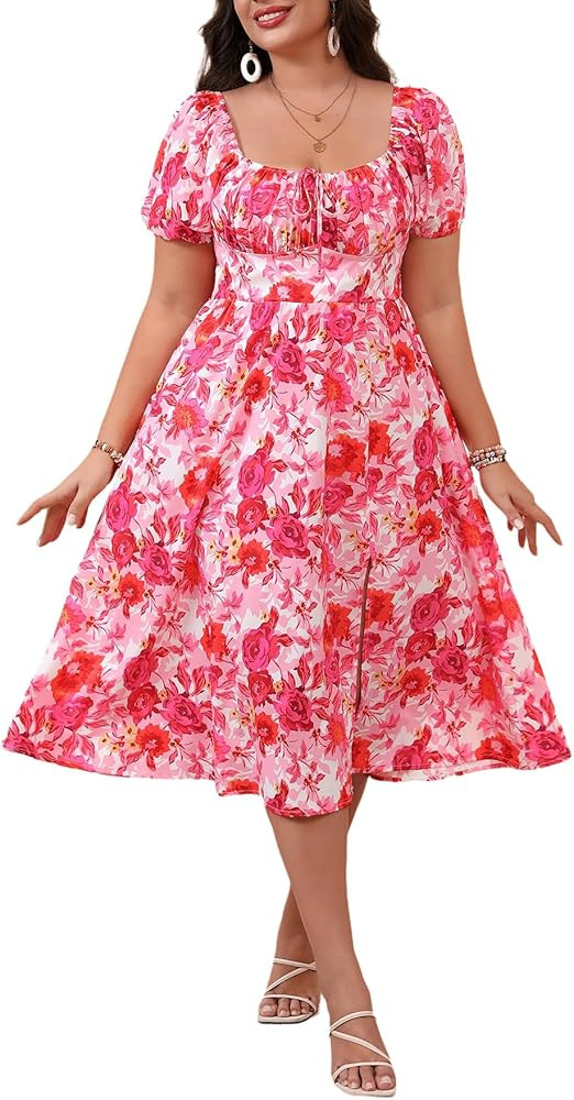Floerns Women's Plus Size Floral Print Tie Front Square Neck Slit Hem Midi Dress | Amazon (US)