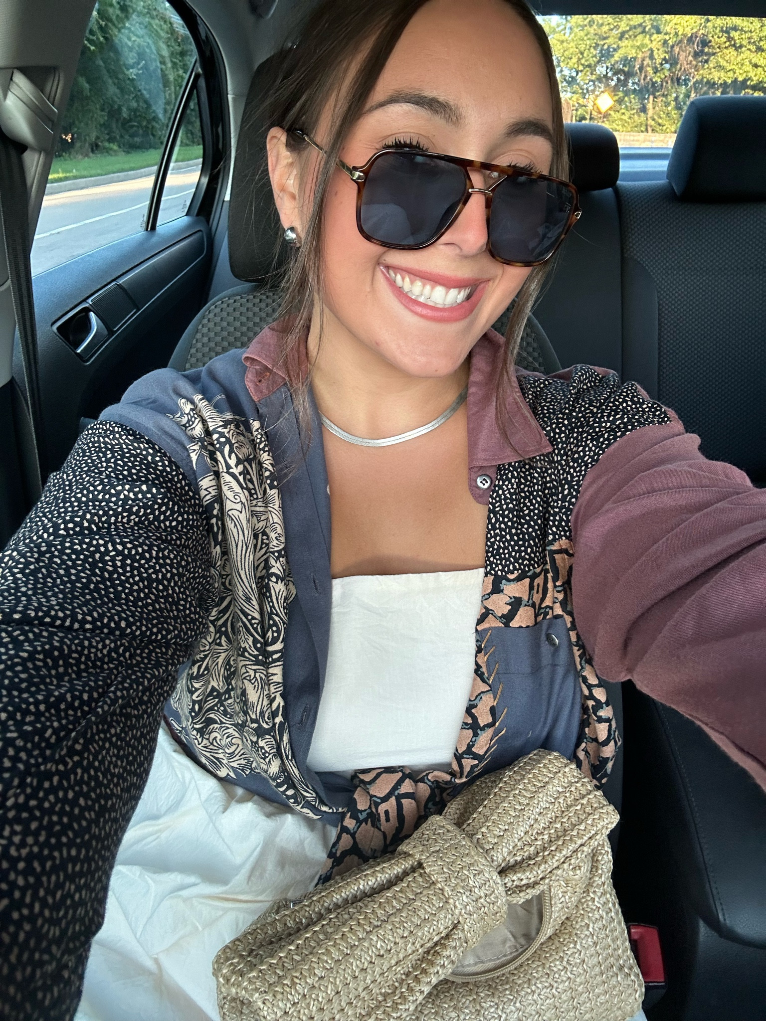 Not much to link here except …

Sunglasses - Amazon
Blouse - my moms! 
Necklace - my mom’s! 
Bag - Amazon
Dress - options linked!! 
Earrings - Amazon

#LTKU #LTKStyleTip #LTKSeasonal