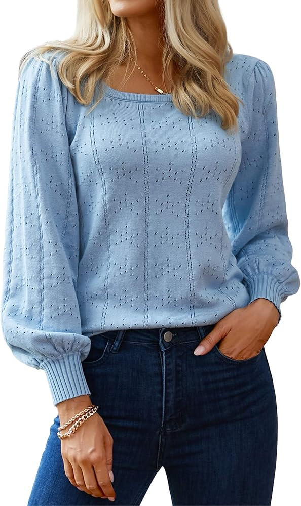 Hotouch Sweaters for Women 2026 Fall Trendy Tops Casual Puff Sleeve Square Neck Cute Tunic Pullov... | Amazon (US)
