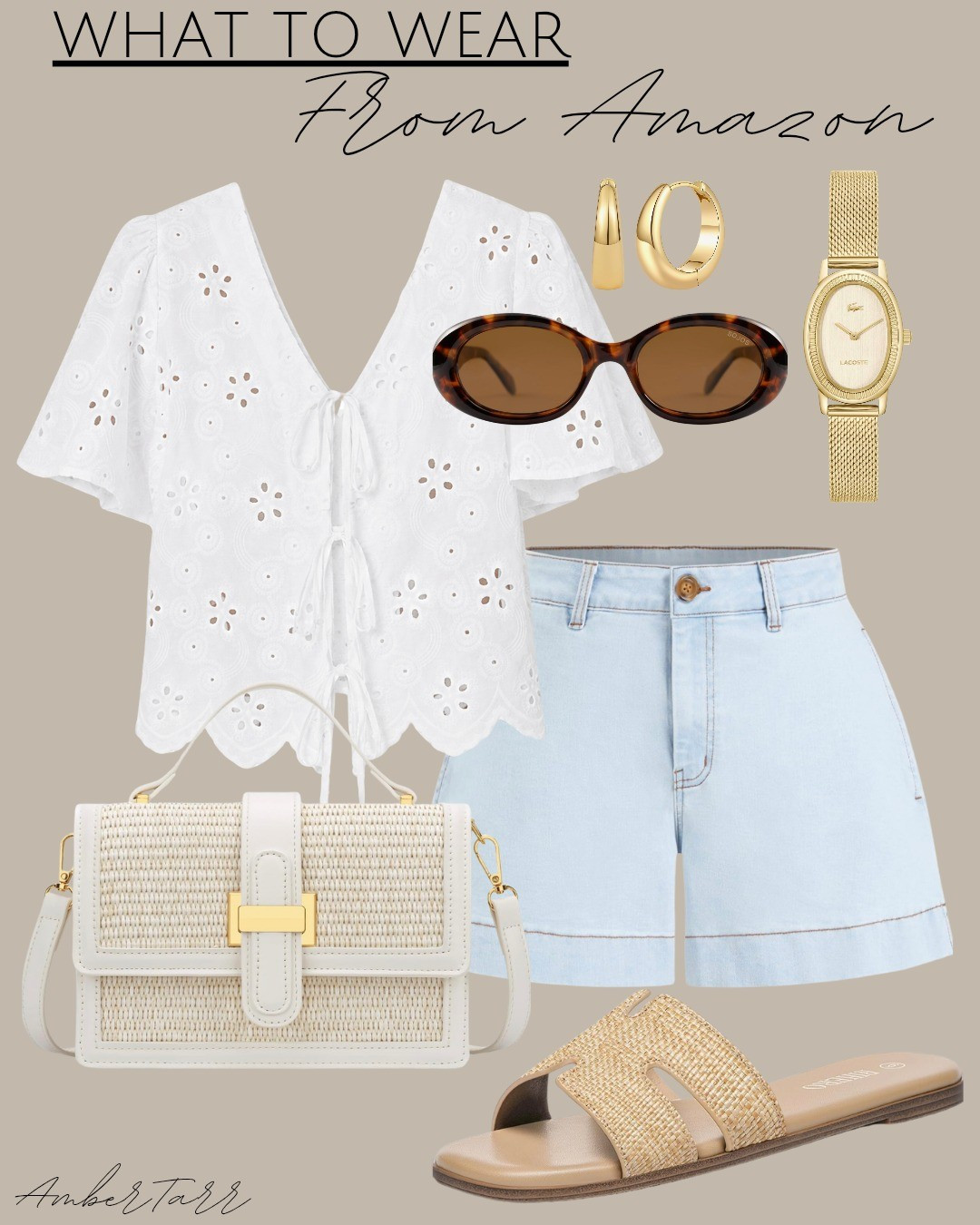 This white eyelet tie-front top paired with light wash denim shorts, a woven rattan crossbody bag, raffia slide sandals, tortoise oval sunglasses, gold hoop earrings, and a dainty gold watch is a casual summer outfit from Amazon that is feminine, breezy, and perfect for a warm weather day out, beach town stroll, or laid-back summer brunch.

#LTKootd #LTKgrwm #LTKOver40