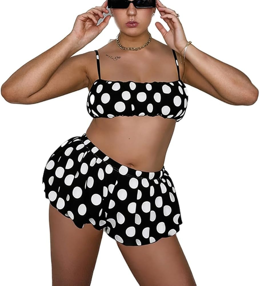 2 Piece Outfits for Women Sleeveless Spaghetti Strap Polka Dot Ruffle Crop Top and Bubble Shorts ... | Amazon (US)