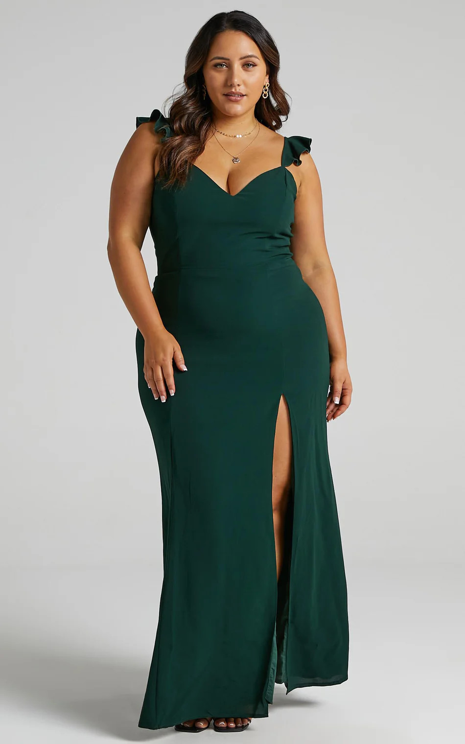 More Than This Maxi Dress - Ruffle Strap Thigh Split Dress in Emerald | Showpo (US, UK & Europe)