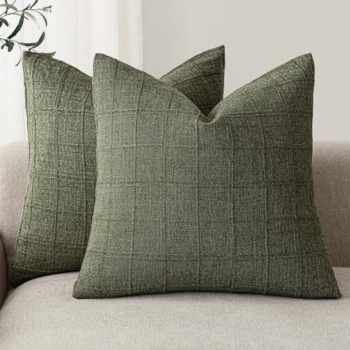 Foindtower Boho Linen Check Decorative Throw Pillow Cover 20×20 Olive Green | Amazon (US)