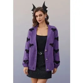 Mystic Bats Patch Buttoned Knit Cardigan in Purple Halloween Costumes | Chicwish