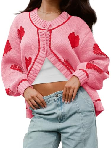 Saodimallsu Womens Cute Heart Cardigan Sweaters Chunky Knit Button Down Crewneck Long Sleeve Sweater Coat Pink | Amazon (US)