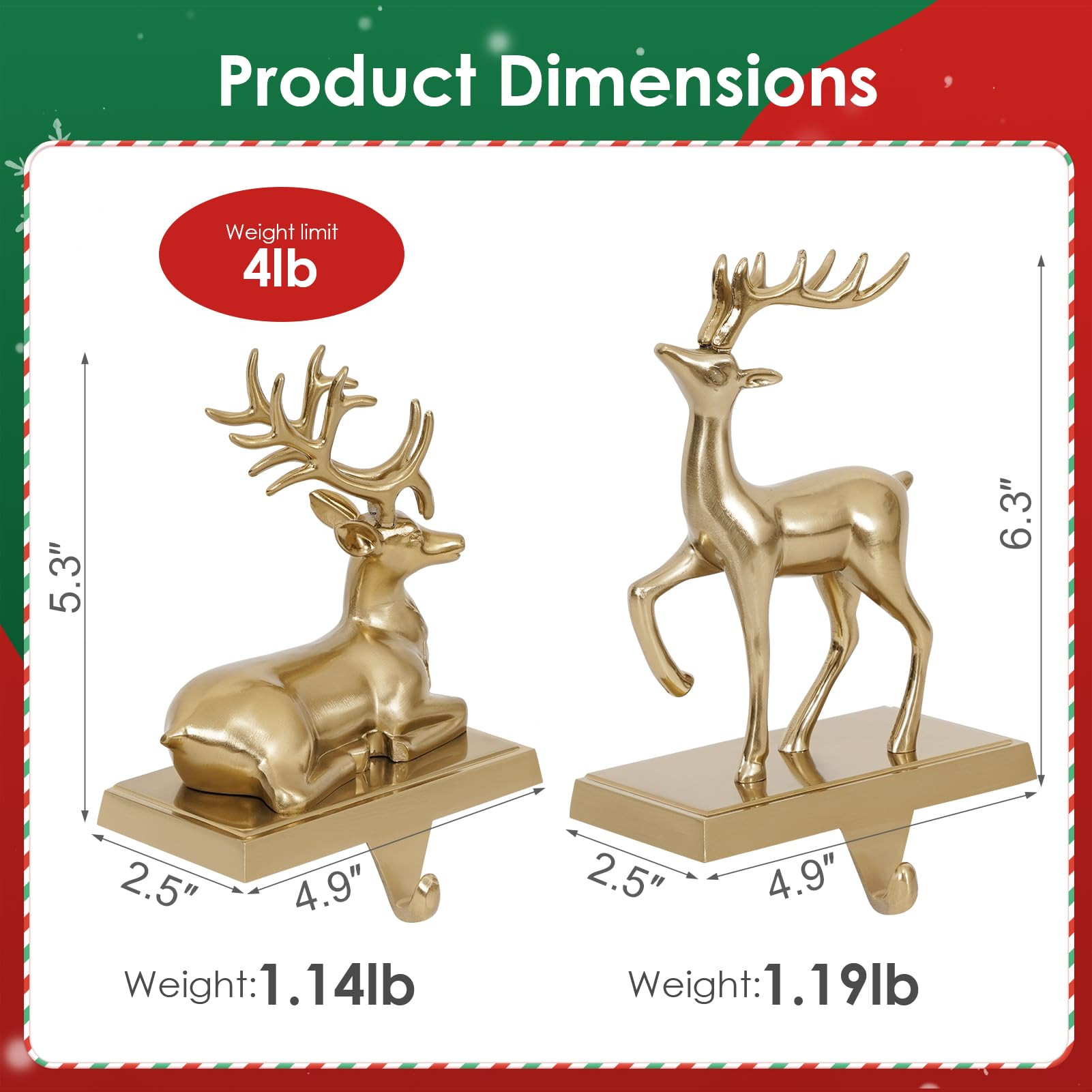 Gold Christmas Stocking Holders for Mantle Set of 2 Reindeer Stocking Hangers Weighted Hooks with... | Amazon (US)