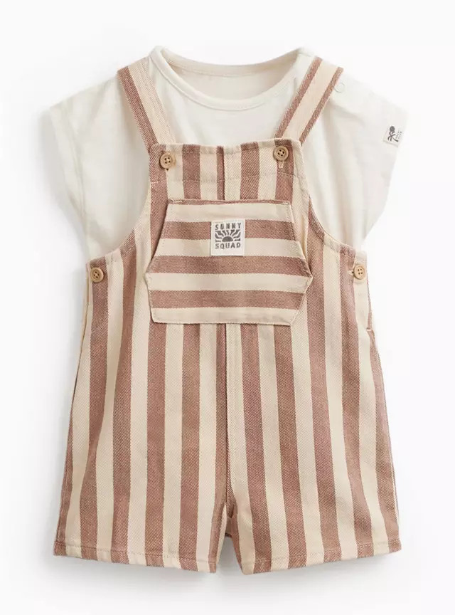 Buy Brown Stripe Print Denim Dungarees & Bodysuit Set 6-9 months | Baby Holiday Clothes | Tu | Tu Clothing
