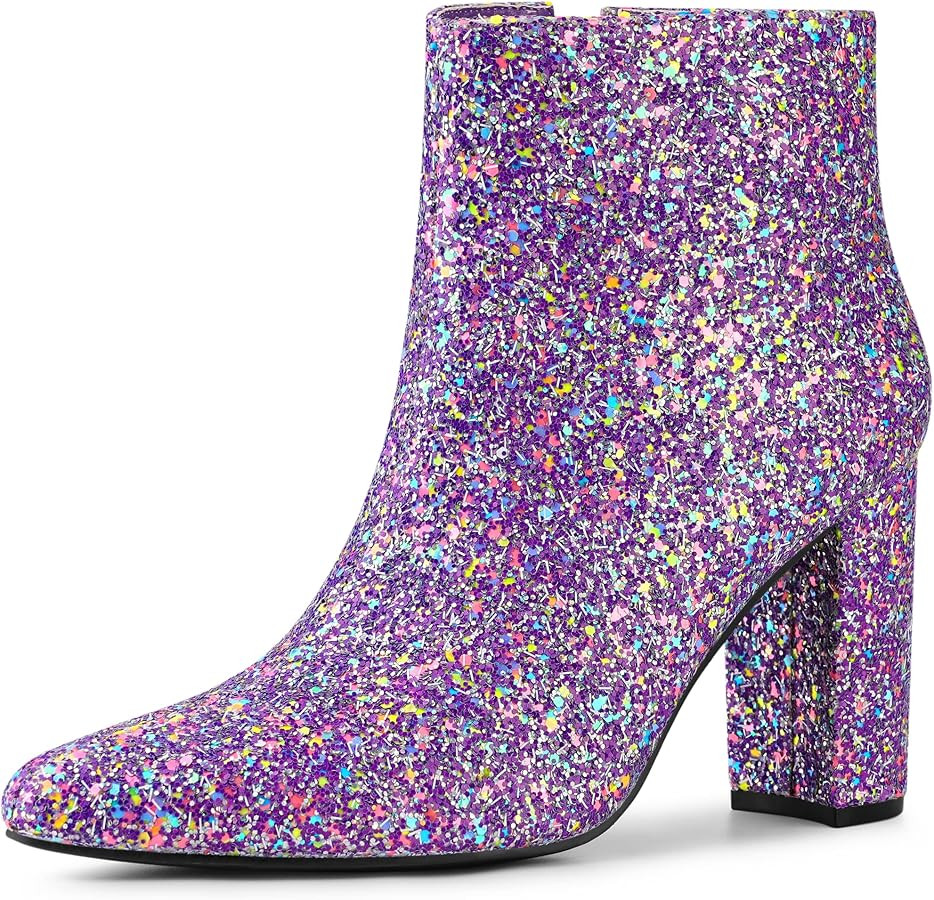Allegra K Women's Glitter Pointed Toe Chunky Heel Ankle Boots | Amazon (US)