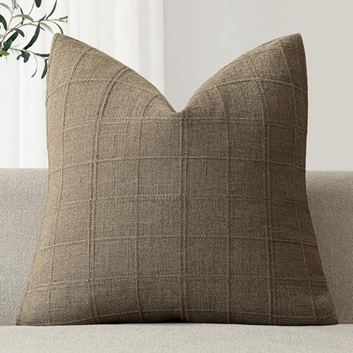 Foindtower Set of 1 Decorative Linen Check Throw Pillow Cover Neutral Farmhouse Vintage Cushion Cover Modern Boho Home Decor for Sofa Chair Couch Bedroom Living Room,18×18 Inch,Light Brown | Amazon (US)