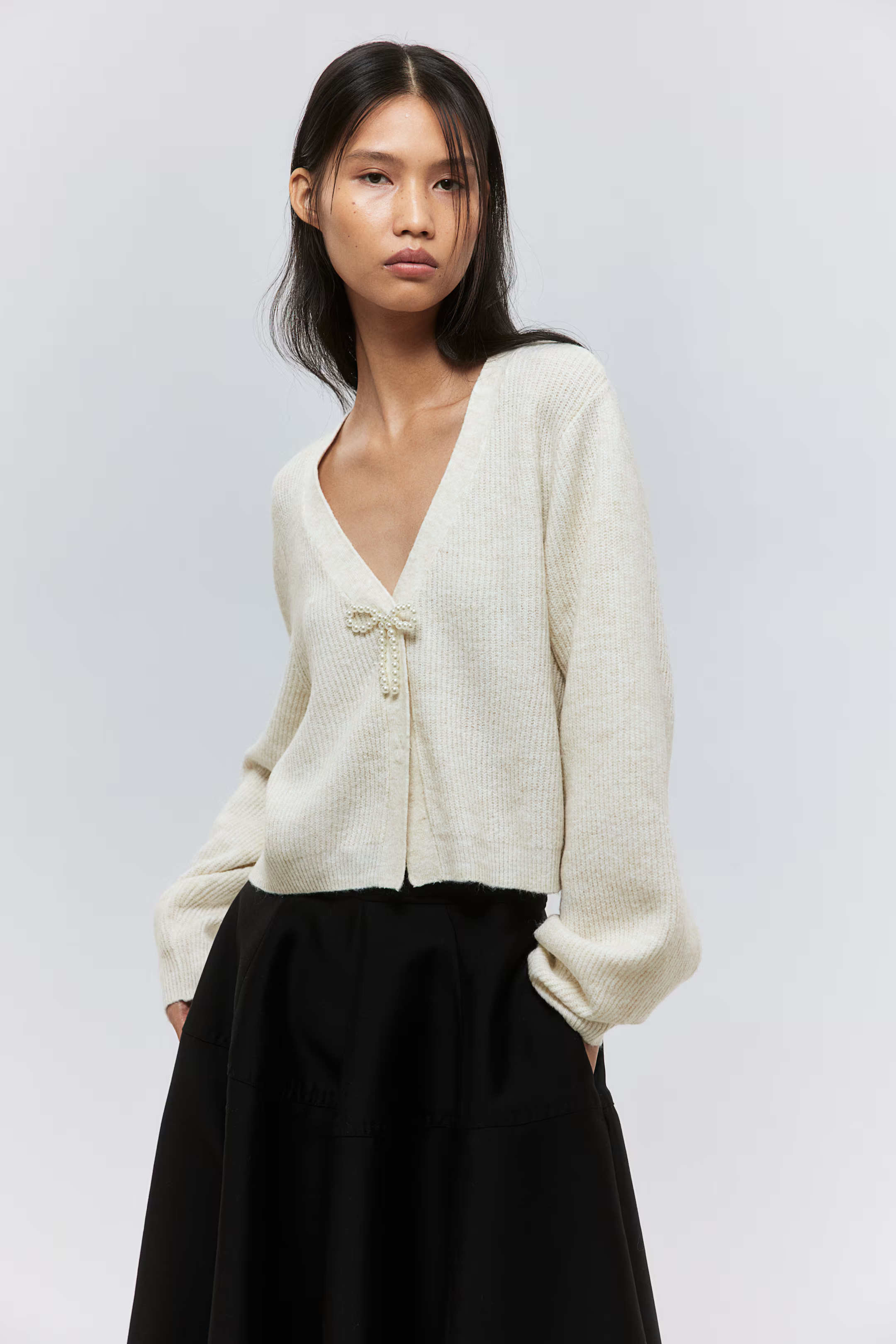 Bow-Detail Rib-Knit Cardigan - Black - Ladies | H&M US | H&M (US + CA)