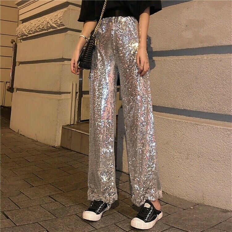 Women Wide Leg Sequins Pants Trousers Silver Club Shiny Party Casual Fashion YM0 | eBay US