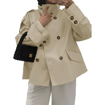 Tankaneo Womens Cropped Trench Coat Oversized Double Breasted Casual Jacket | Funnel Neck, Loose ... | Amazon (US)