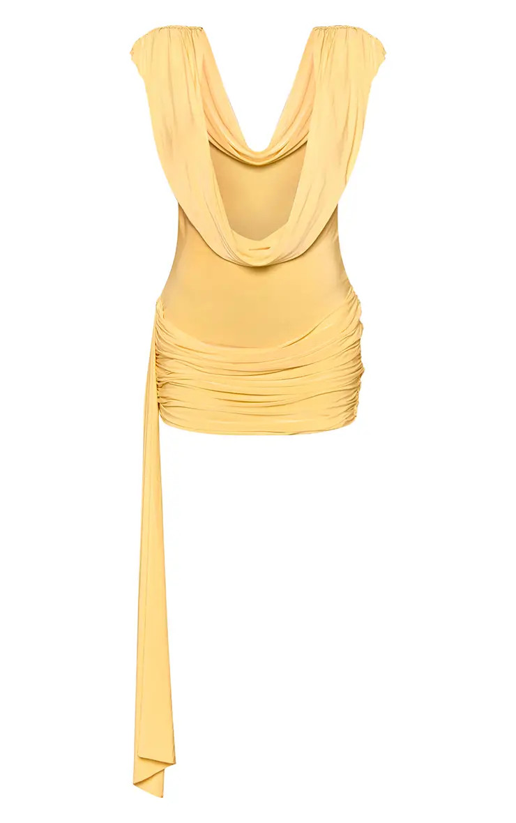 Lemon Double Layer Slinky Cowl Drape Detail Mini Dress | PrettyLittleThing UK