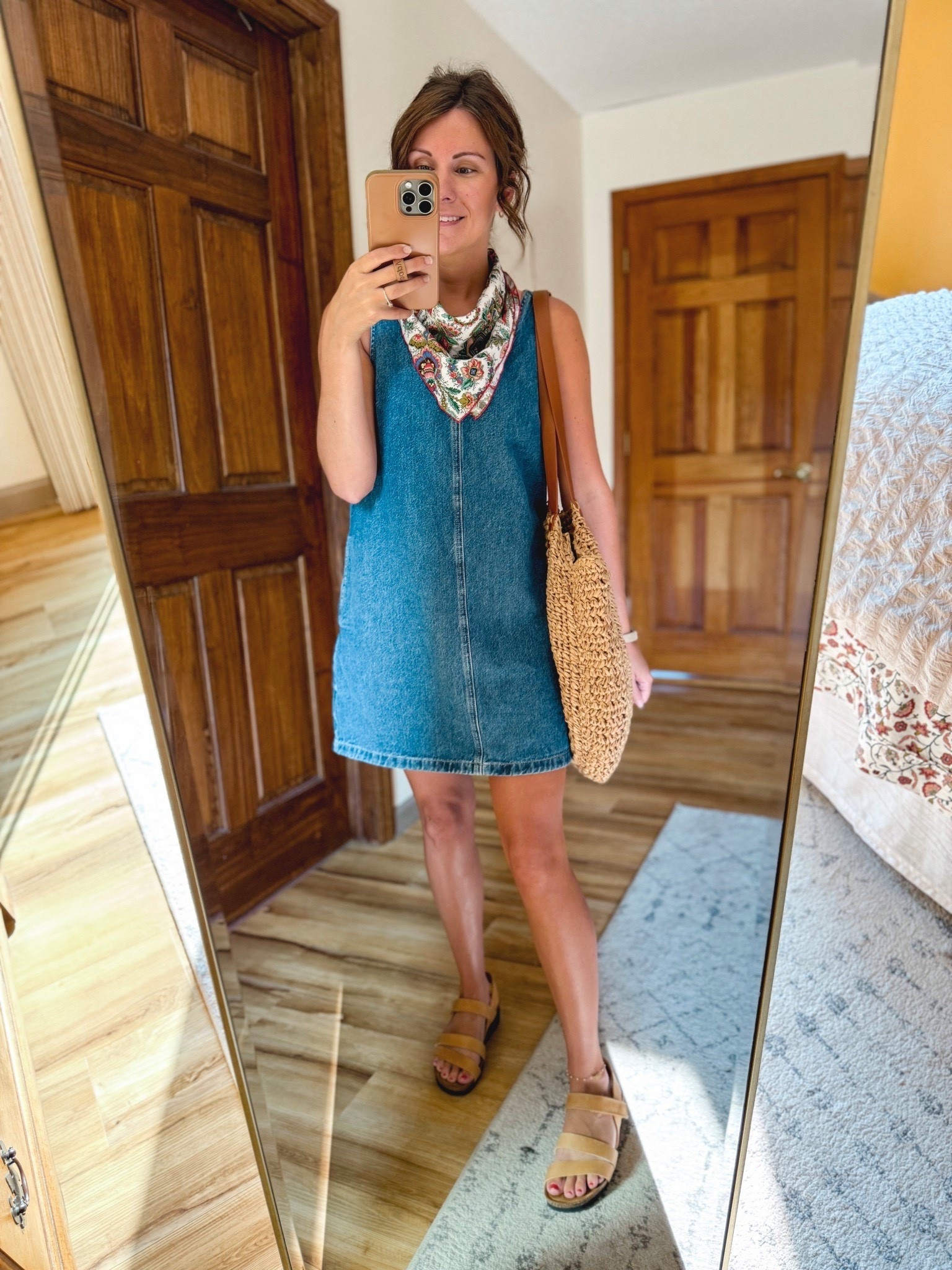 wearing xs petite in my dress (I’m 5’1”—it’s old out but linked a bunch of similar ones!) and my true size 6 in my naot leather sandals (love them).

This scarf is such a fun boho print and I love the textured bag!

#LTKootd #LTKgrwm #LTKPetite