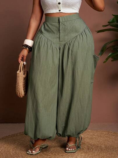 Veslaya Plus Size Women's Winter Solid Color Split Pleated Super Wide Leg Pants With Drawstring H... | SHEIN